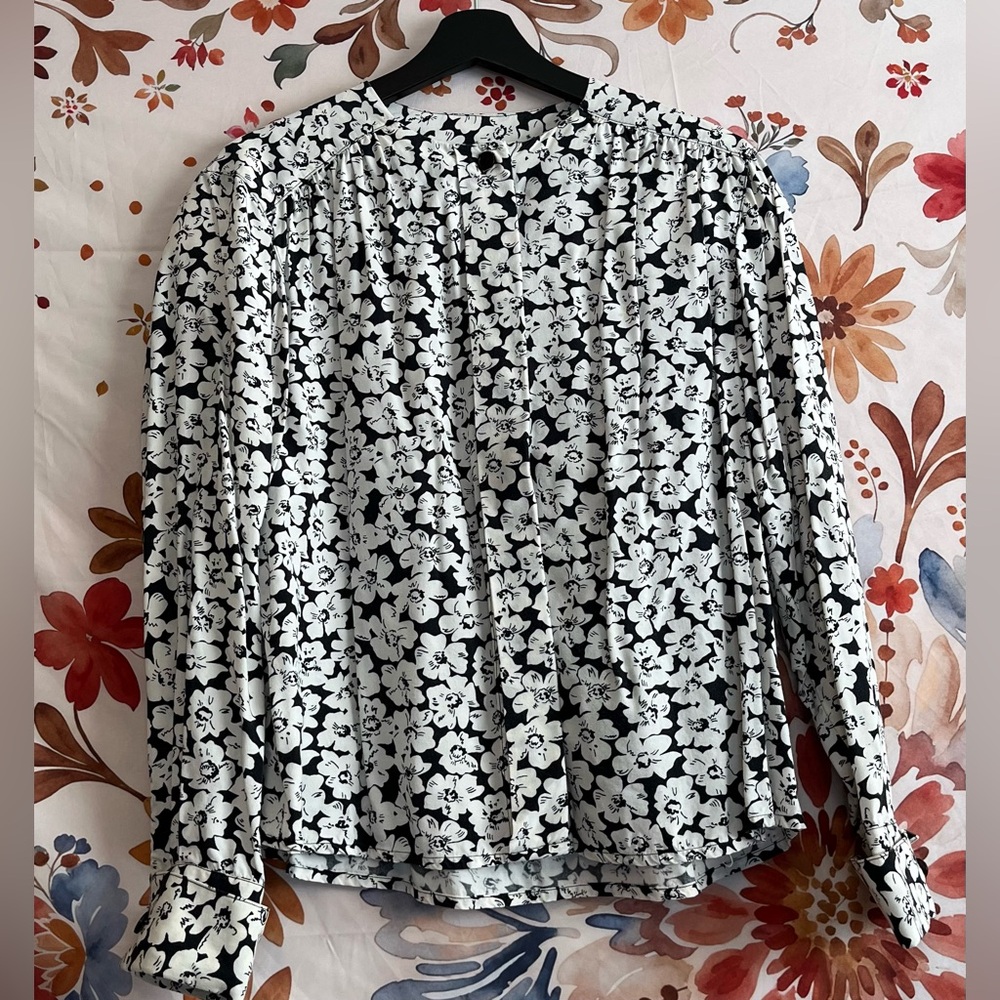 VTG Giraffe Women’s MP Pleated Maximalist Black White Floral Vintage Work Blouse